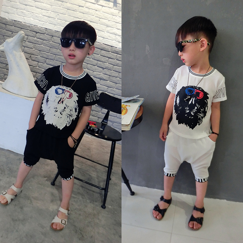 2016夏款新款淘氣蛋蛋韓版童裝批發 男童獅子印花套裝兩件套工廠,批發,進口,代購