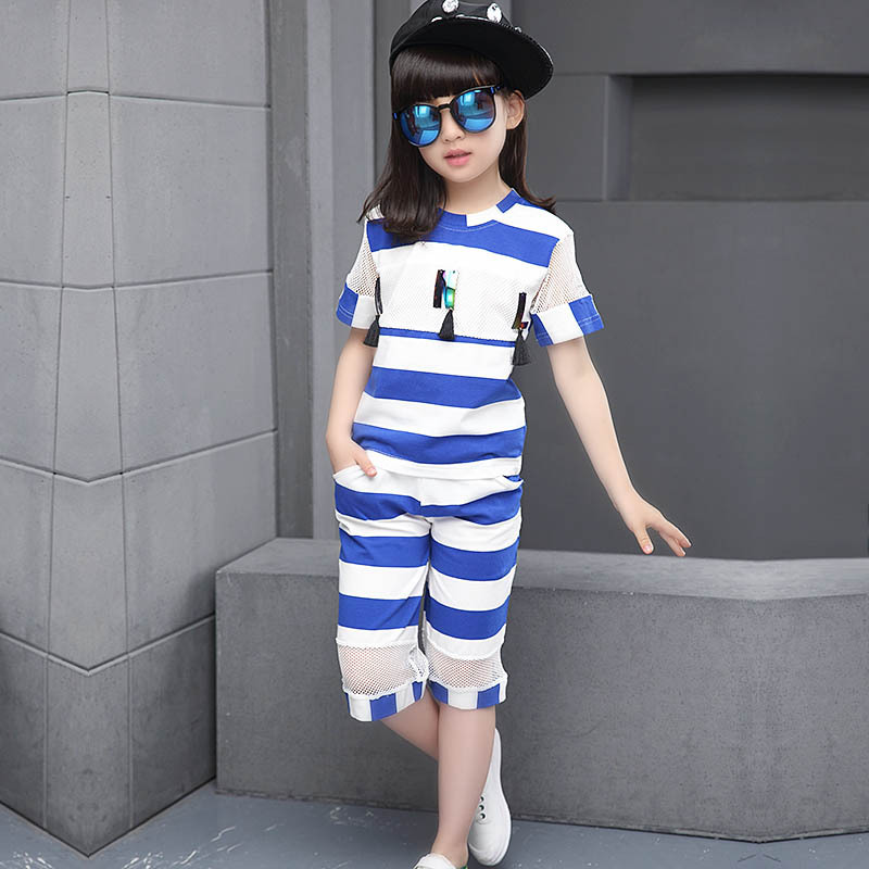 2016夏裝新款童裝女童套裝韓版13歲兒童中大童條紋短袖兩件套批發・進口・工廠・代買・代購