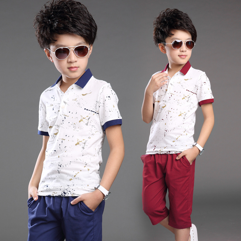 2016童裝男童新款韓版夏季兩件套中大童純棉潑墨短袖T恤兒童套裝批發・進口・工廠・代買・代購