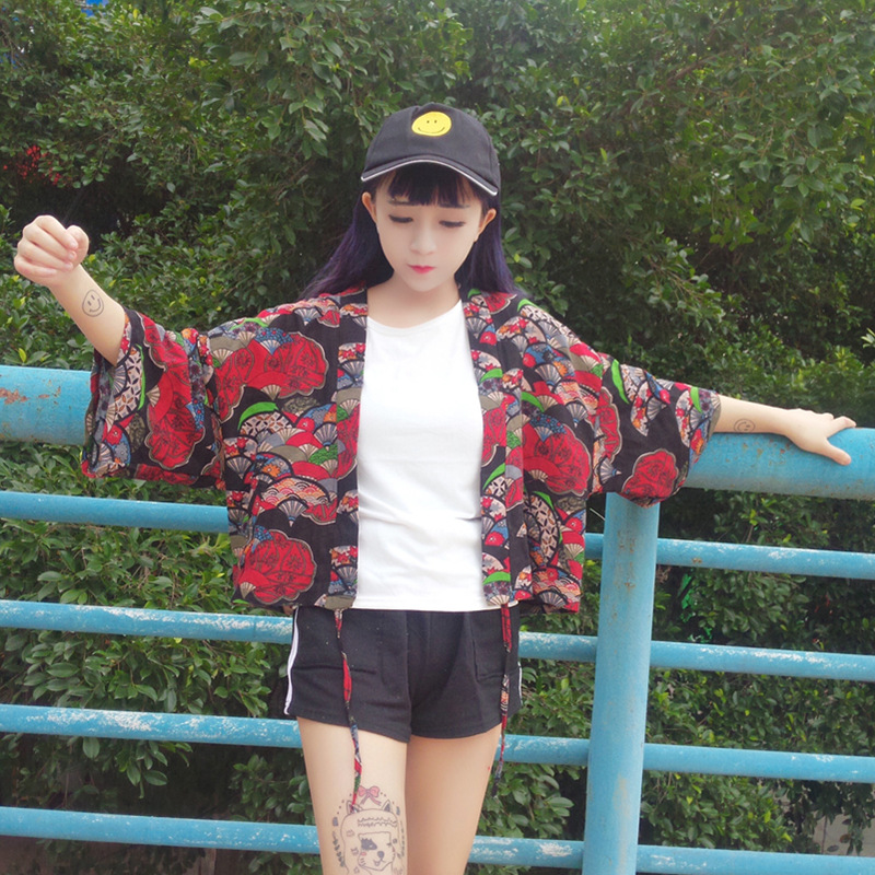 夏季復古日系和服設計花朵開衫披肩式短外套街頭潮牌原宿風上衣女工廠,批發,進口,代購