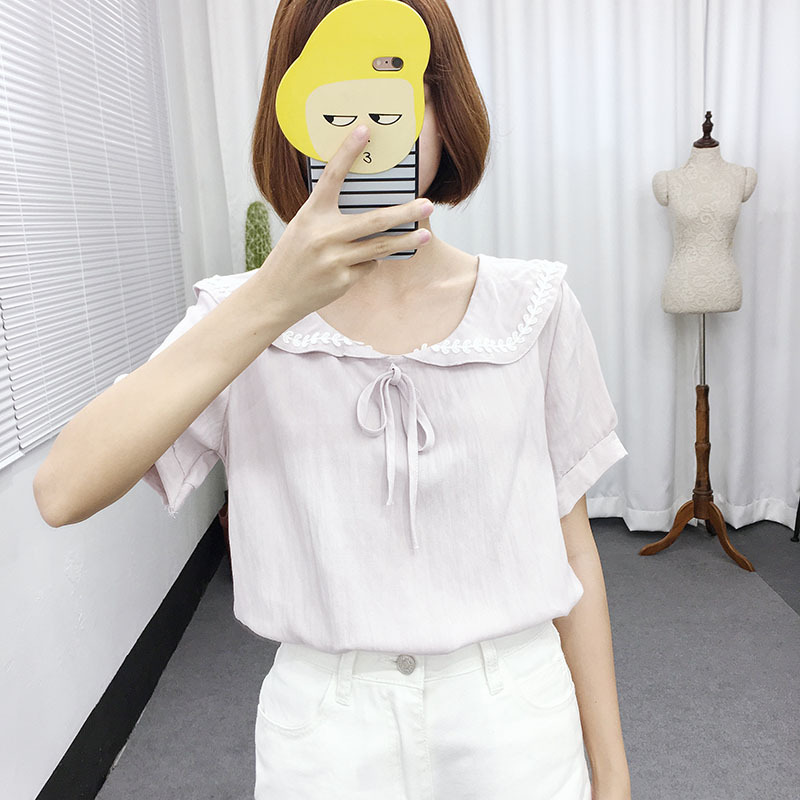 APXIVI2016夏裝新款韓版刺繡葉子系帶娃娃領百搭短袖t恤 女0172B工廠,批發,進口,代購