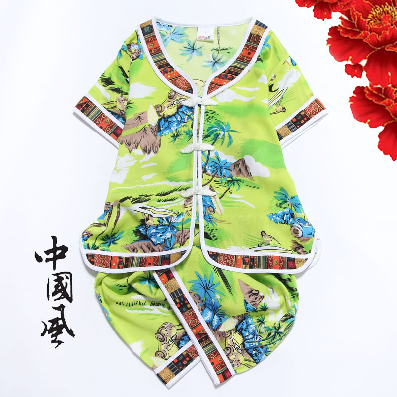 B1016兒童唐裝棉綢拼花佈男套沙灘服空調服、休閒男套工廠,批發,進口,代購