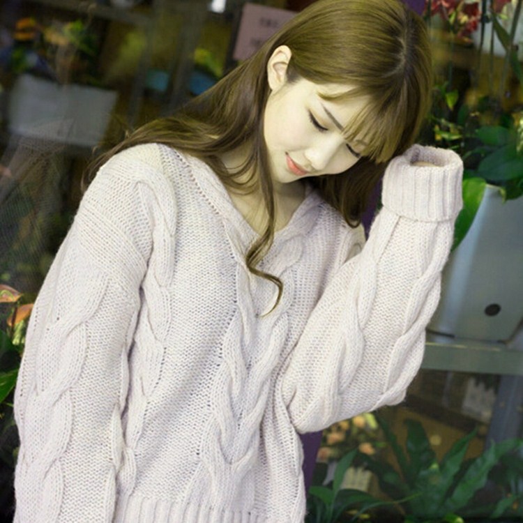 日本代購2015秋季新款 純色慵懶V領麻花紋針織衫毛衣女 批發工廠,批發,進口,代購