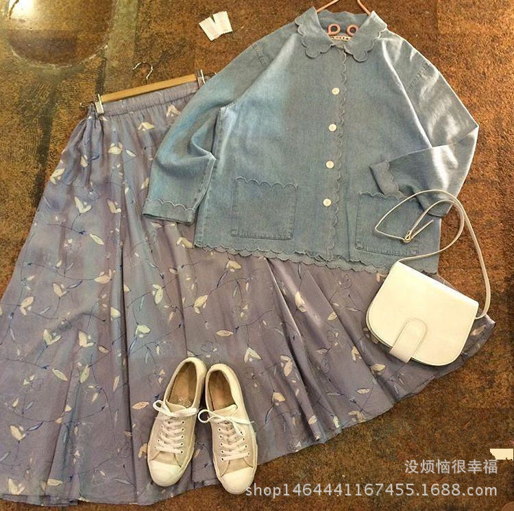 自製 日本代購古著花邊淡藍牛仔薄外套薰衣草淡紫半裙套裝工廠,批發,進口,代購