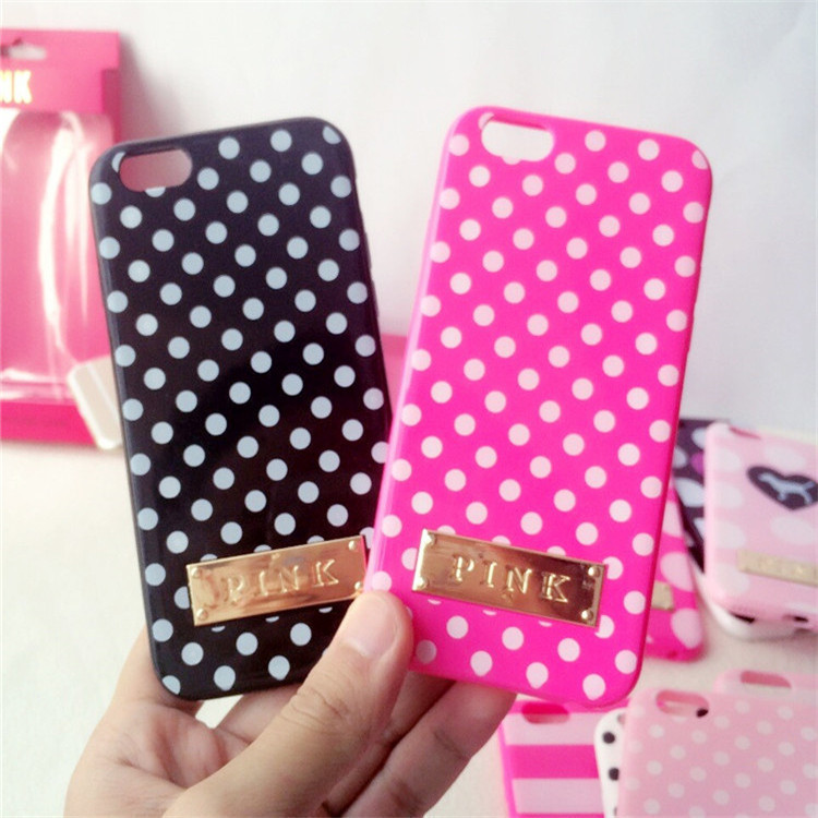 維多利亞的秘密Pink蘋果iphone6手機殼金屬貼片矽膠套波點tpu軟殼工廠,批發,進口,代購