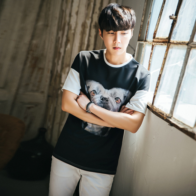 韓國東大門代購男裝學生韓版男士個性體恤衫狗頭印花寬松短袖T恤工廠,批發,進口,代購