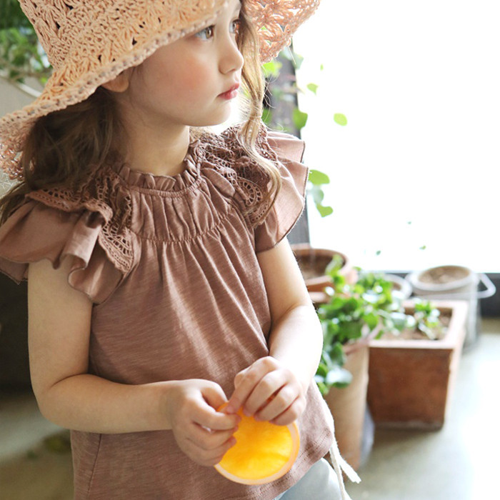 韓國進口正品童裝代購批發 2016夏女童兒童花邊袖褶皺可愛T恤0411工廠,批發,進口,代購