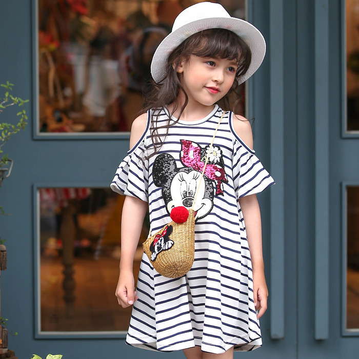 韓國正品進口童裝代購批發 2016夏女童米奇喇叭袖條紋連衣裙0611工廠,批發,進口,代購
