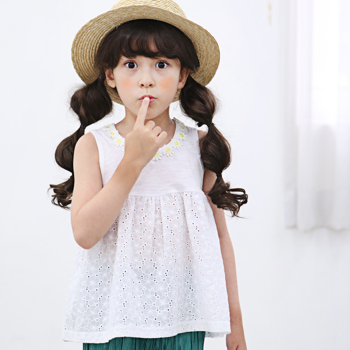 韓國進口正品童裝代購批發 2016夏女童中小童無袖鏤空花朵T恤0620工廠,批發,進口,代購
