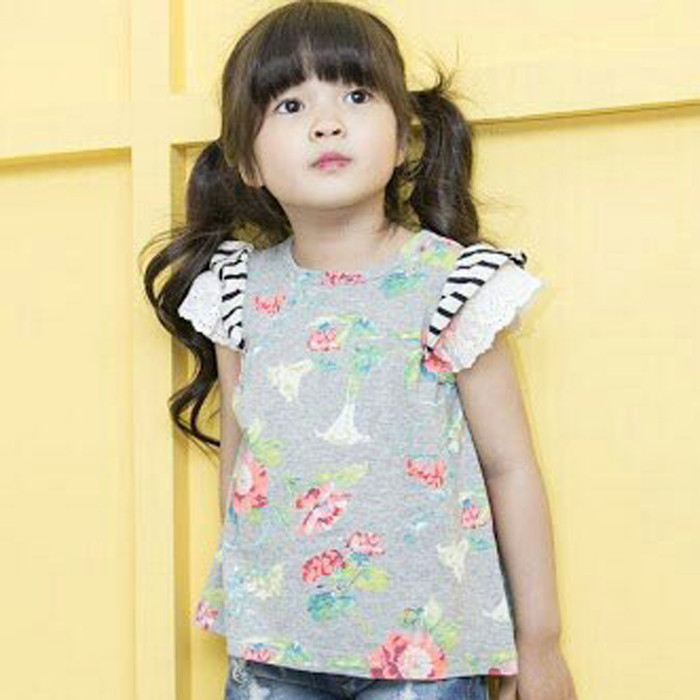 韓國進口正品童裝代購批發 2016夏女童兒童喇叭袖花朵可愛T恤0604工廠,批發,進口,代購