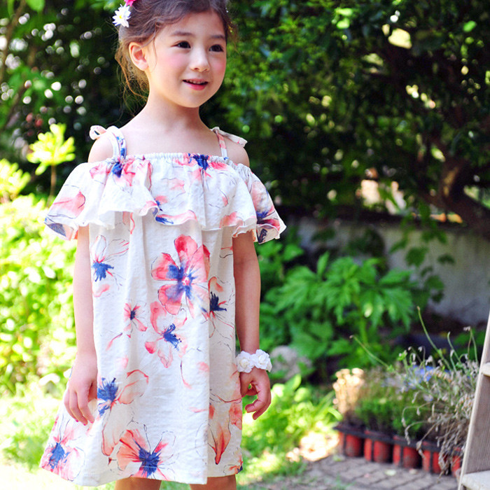 韓國正品進口童裝代購批發 2016夏女童花朵吊帶露肩連衣裙0531工廠,批發,進口,代購