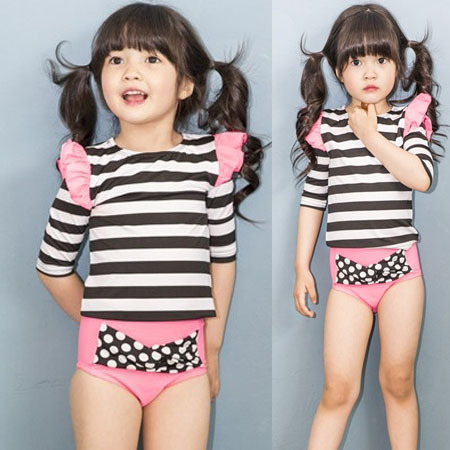 韓國代購進口正品男女童裝兒童條紋花邊七分袖泳裝套裝2016夏款GO工廠,批發,進口,代購