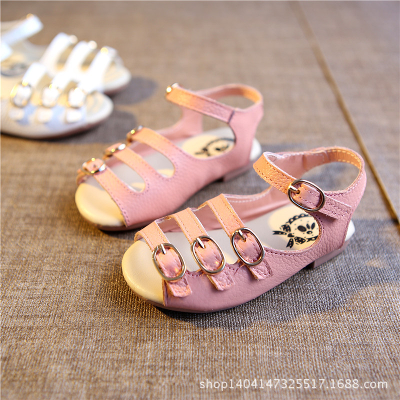 2016夏季新款韓版童鞋1-3歲男女童優質真皮條形鏤空護跟涼鞋批發工廠,批發,進口,代購