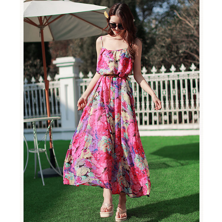2015夏新款波西米亞雪紡連衣裙 寬松顯瘦紫花色吊帶海邊沙灘裙工廠,批發,進口,代購