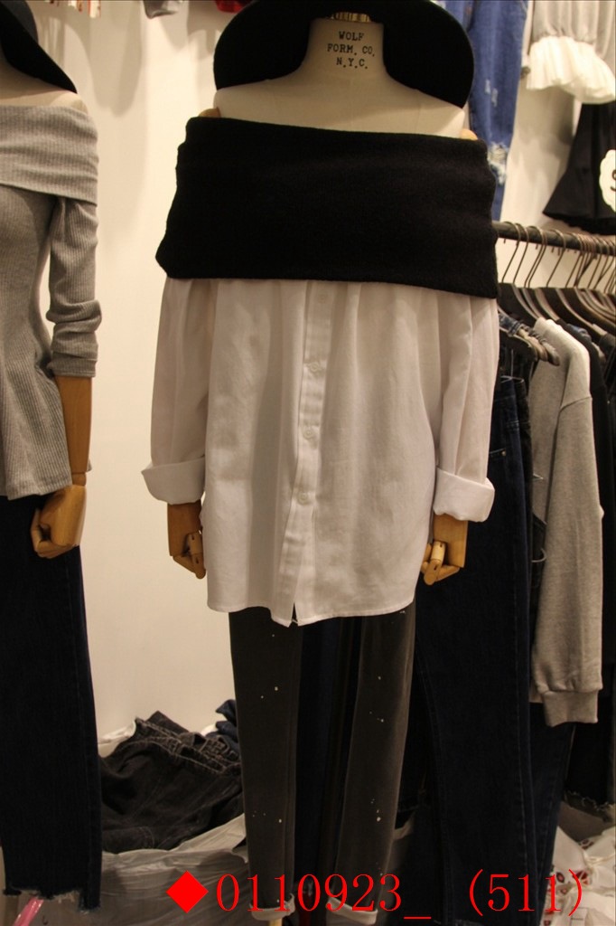 2015秋裝新款韓國代購東大門女裝正品批發一字領露肩假兩件襯衫女工廠,批發,進口,代購