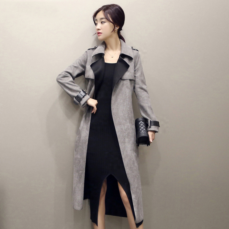 2015秋裝新款 韓版女士氣質中長款修身顯瘦薄鹿皮絨風衣女外套潮工廠,批發,進口,代購