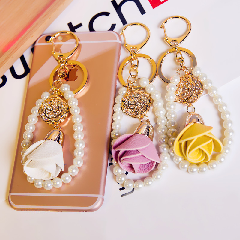 韓國新款玫瑰花鑰匙扣掛件珍珠鏈條創意禮品掛飾手機殼掛件 多色批發・進口・工廠・代買・代購