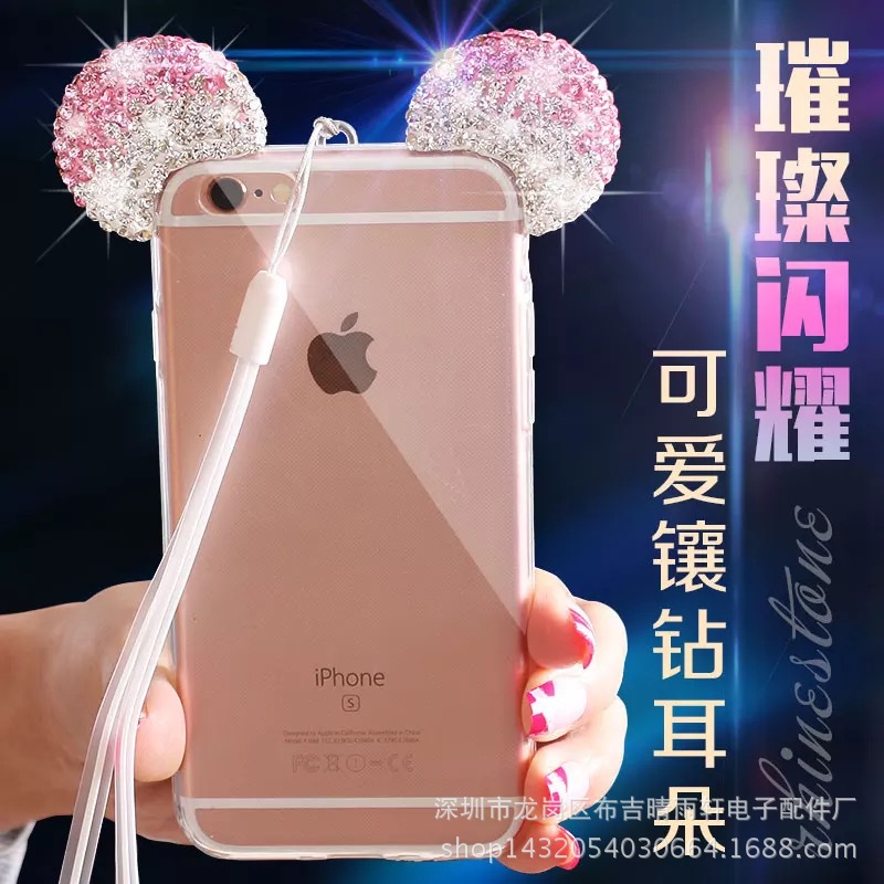 爆款iPhone6鑲鉆米奇耳朵手機殼蘋果6plus米奇耳朵石膏鉆保護套潮工廠,批發,進口,代購