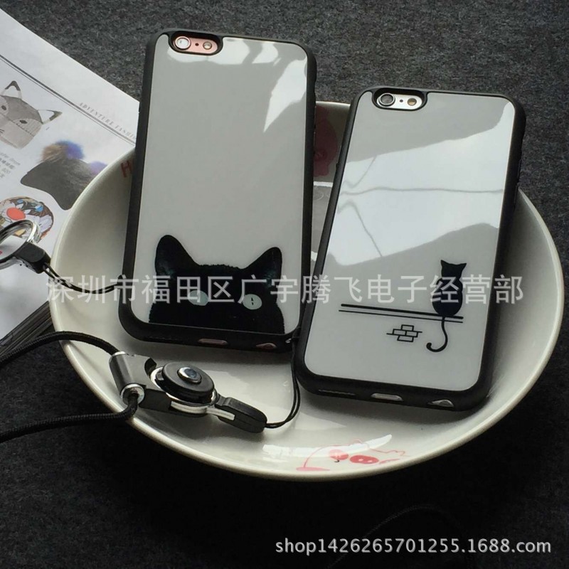 iphone6s黑白貓咪手機殼 蘋果6plus亞克力防摔保護套5s女孩掛繩殼工廠,批發,進口,代購