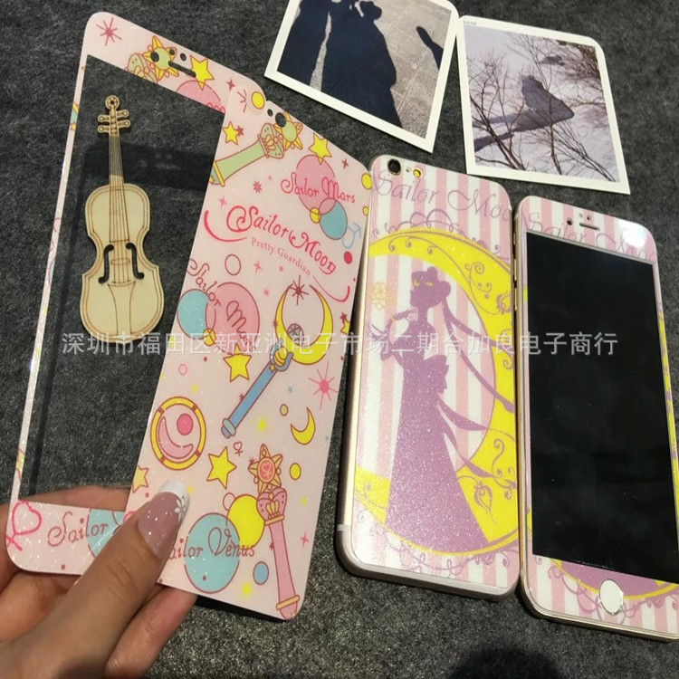 6s plus鋼化玻璃膜果6s plus美少女戰士卡通全屏6G閃粉彩膜工廠,批發,進口,代購