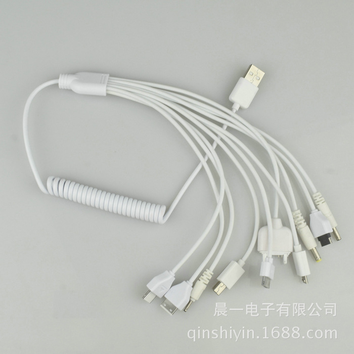 彈簧白色一拖十手機數據線 USB十合一充電線 電源線安卓多功能線工廠,批發,進口,代購
