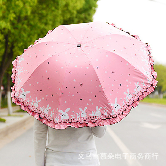 廠傢直銷蕾絲黑膠遮陽傘防曬傘三折晴雨傘防紫外線兔子雨傘批發工廠,批發,進口,代購