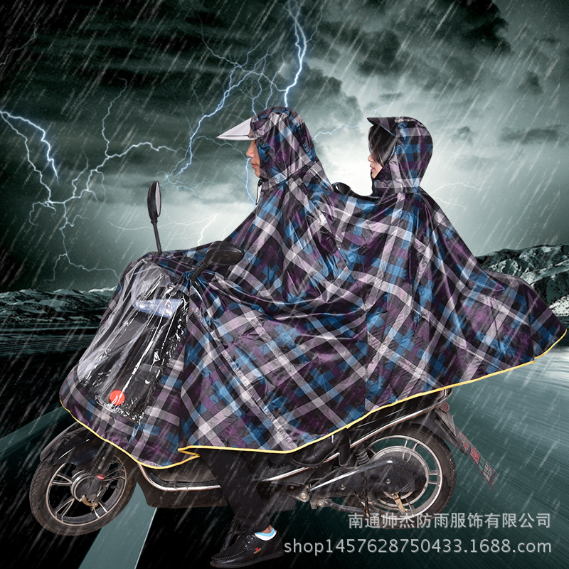 【廠傢直銷】新款雙人藍方格 摩托車雨披  雨衣雨披大帽簷雨衣工廠,批發,進口,代購