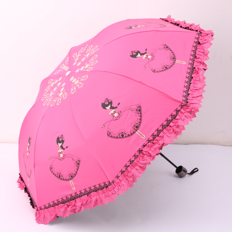 晴雨傘折疊兩用韓國女卡通太陽傘鑲裙邊可愛小女孩遮陽傘三折傘批發・進口・工廠・代買・代購