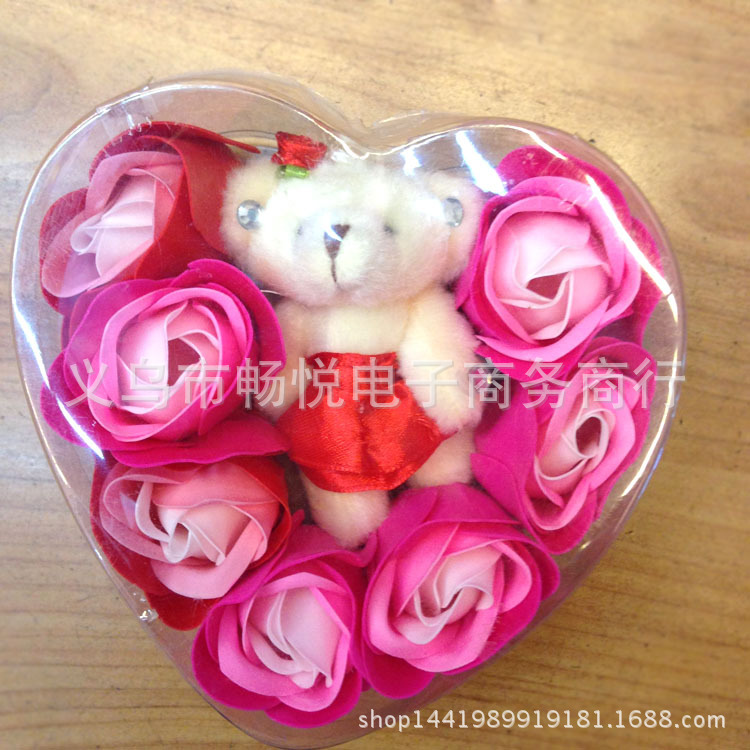 7朵玫瑰小熊香皂花心形禮盒 仿真玫瑰花 情人節促銷禮物工廠,批發,進口,代購