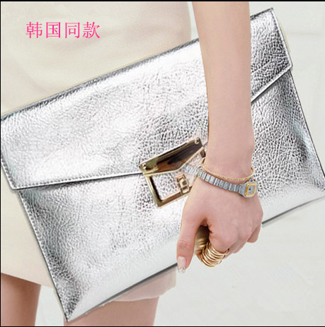 韓國官網同款女士銀色手抓手拿信封單肩斜挎鏈條真皮包包牛皮女包工廠,批發,進口,代購