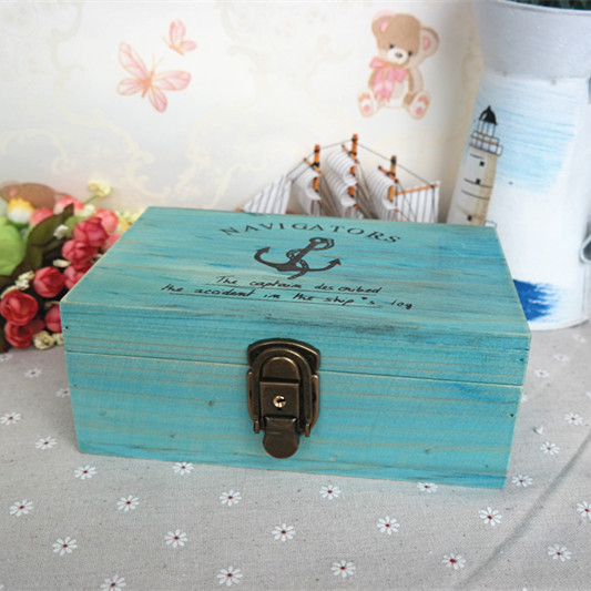 zakka雜貨實木做舊復古帶鎖鑰匙盒收納盒地中海藍桌麵收納盒擺件批發・進口・工廠・代買・代購