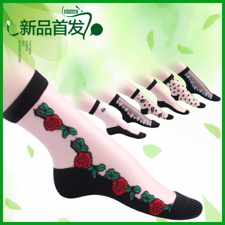 蕾絲棉底韓國水晶襪玻璃絲短襪透明玫瑰花女襪子短絲襪鹿人蠶絲薄批發・進口・工廠・代買・代購