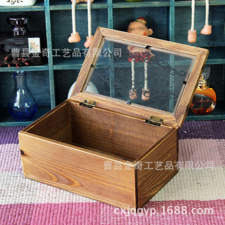 zakka雜貨實木玻璃翻蓋收納盒復古做舊首飾盒飾品盒桌麵收納木盒工廠,批發,進口,代購