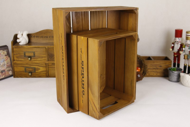 Zakka 無蓋長方形絲印原木箱 茶色 木製收納箱 置物箱子工廠,批發,進口,代購