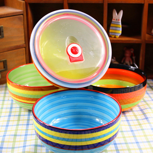 zakka創意彩虹陶瓷保鮮碗七彩泡麵碗帶蓋子湯碗創意微波爐碗禮品工廠,批發,進口,代購