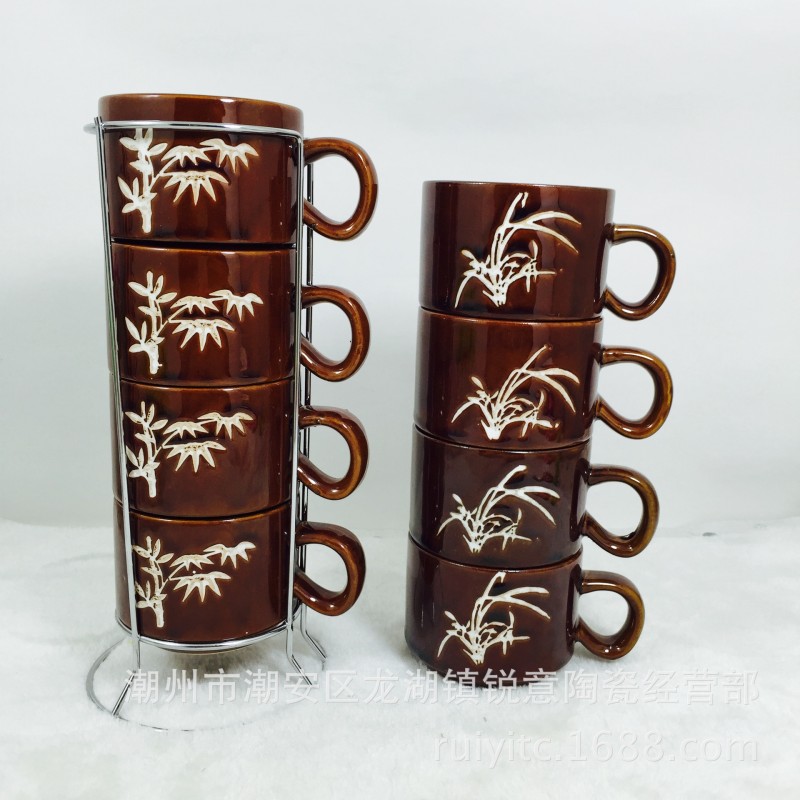 zakka雜貨陶瓷杯 創意色釉疊疊杯 咖啡杯奶茶杯馬克杯 帶鐵架工廠,批發,進口,代購