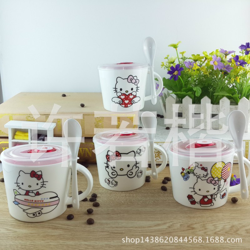 Hello Kitty貓陶瓷杯 小清新帶蓋帶勺早餐杯 zakka禮品水杯批發・進口・工廠・代買・代購