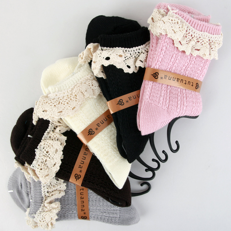 2013秋冬新款日單外貿襪子 蕾絲花邊 粗針中筒全棉女士襪子 批發工廠,批發,進口,代購