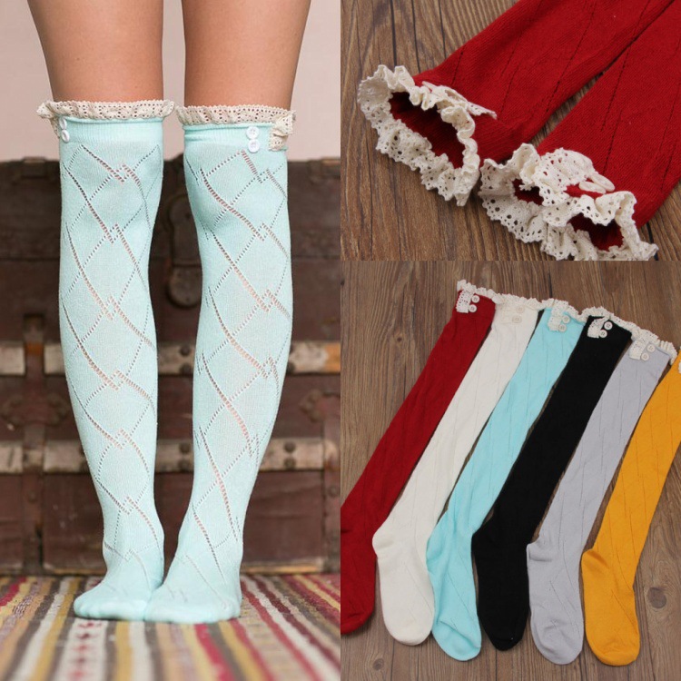 秋冬新款 雙扣蕾絲鏤空長筒襪套 保暖時尚女過膝襪 高筒襪工廠,批發,進口,代購