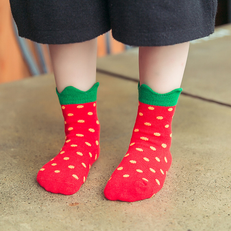 新款百搭可愛卡通立體草莓全棉花邊中筒童襪 兒童襪子批發批發・進口・工廠・代買・代購