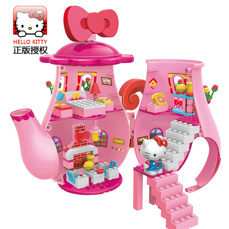 HELLO KITTY正版授權益智拼裝塑料積木凱蒂茶壺城堡女孩玩具工廠,批發,進口,代購