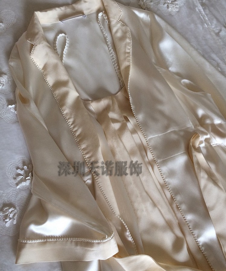 2016新款高端品質真絲珠邊開衫兩件套薄款睡衣批發・進口・工廠・代買・代購
