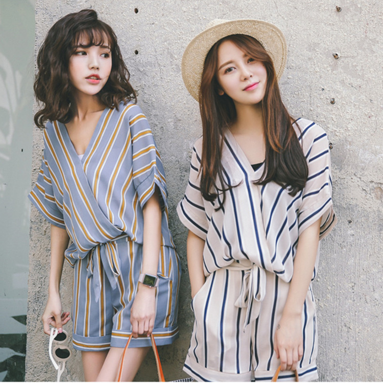 韓國夏季新款睡衣女士仿真絲條紋套裝送發帶短袖薄款傢居服批發・進口・工廠・代買・代購
