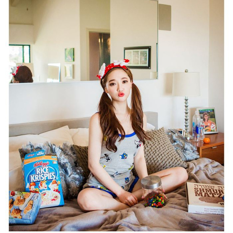 2016新款韓國針織純棉印花貓和老鼠可愛卡通吊帶+短褲睡衣套裝批發・進口・工廠・代買・代購