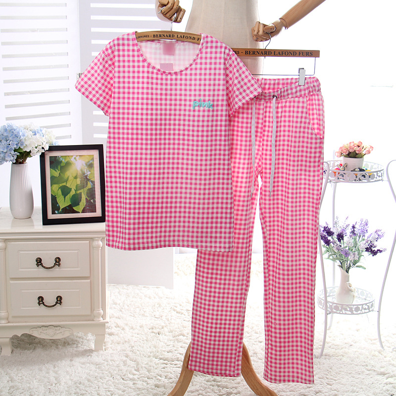 2016春夏新款 韓國格子PINK女士休閒帶胸墊套裝 純棉居傢短袖睡衣工廠,批發,進口,代購
