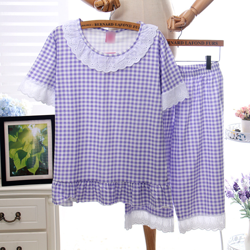 夏季新款 韓國PINK格子短袖純棉套裝花邊淑女小清新睡衣居傢服工廠,批發,進口,代購