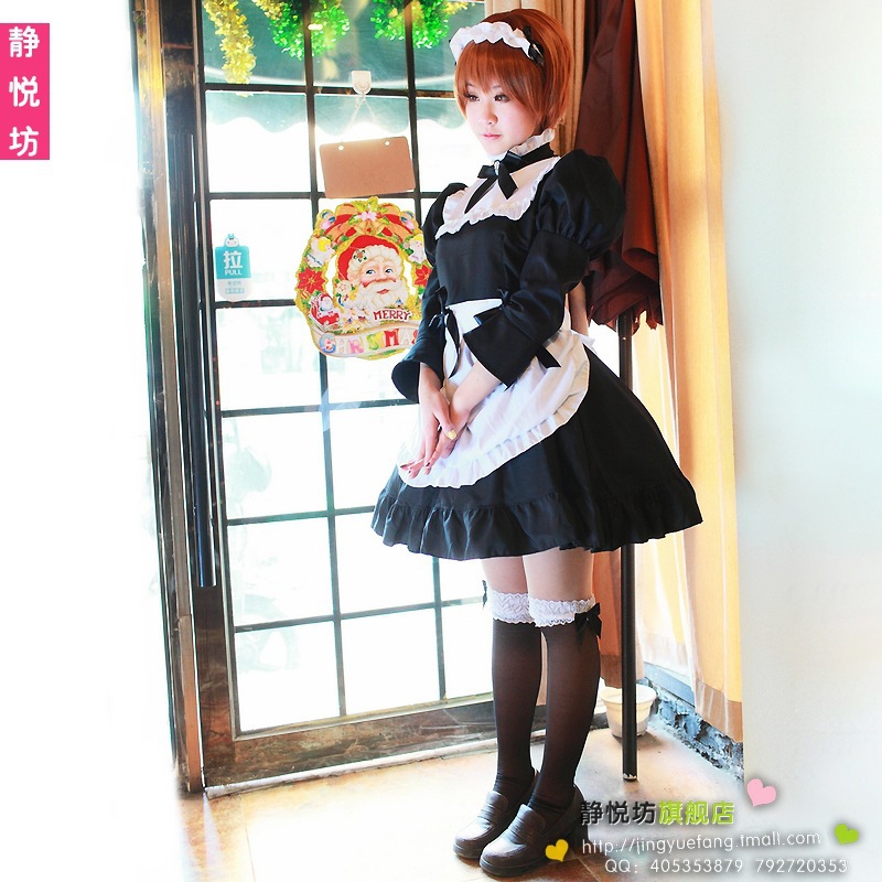 日本原單cos魔卡少女櫻咖啡廳服務員COSPLAY服裝黑白色長袖女僕裝工廠,批發,進口,代購