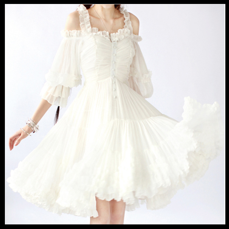 夏季女裝白色雪紡洋裝公主連衣裙中長露肩一字領大擺禮服3026工廠,批發,進口,代購