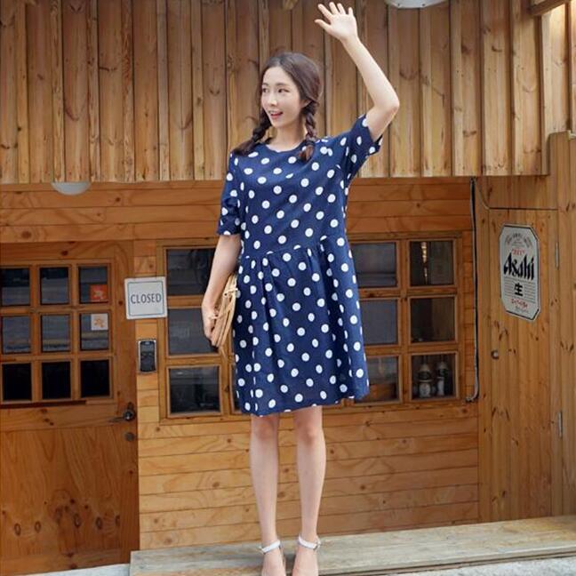 2016韓版新款白色波點藏藍色短袖連衣裙中裙甜美百搭洋裝打底裙工廠,批發,進口,代購