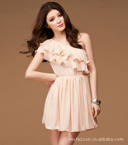 CC8831#新款 名媛派對斜肩荷葉層次雪紡洋裝連衣裙-淡粉色工廠,批發,進口,代購